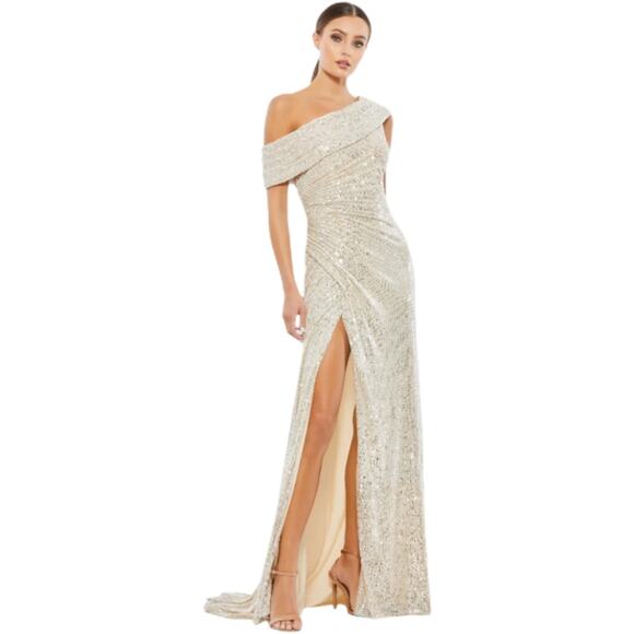 NWT Mac Duggal Beige Sequin Off Drop Shoulder Maxi Sheath Gown Sz 10 - Picture 2 of 11
